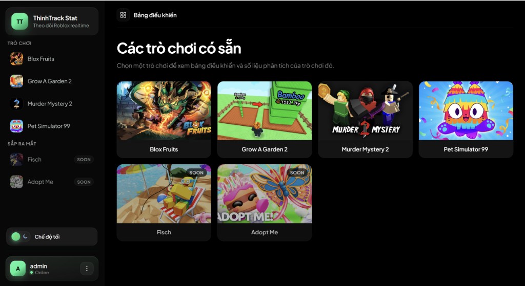 Xem trước bảng điều khiển ThinhTrack Stat với danh sách game Roblox